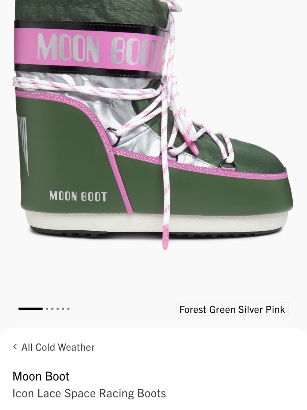 Moon Boot Forest Green Silver Pink Lace-Up Winter Boot
